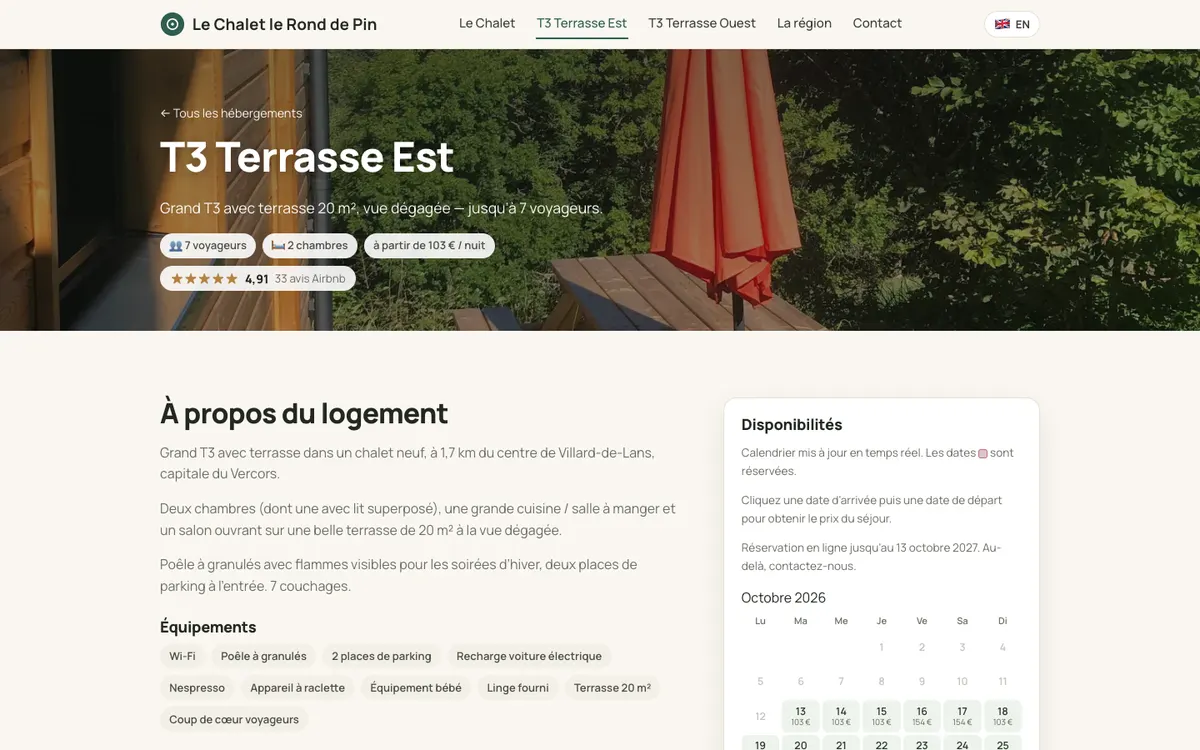 Page d’un logement sur le site du Chalet le Rond de Pin, avec son calendrier de réservation